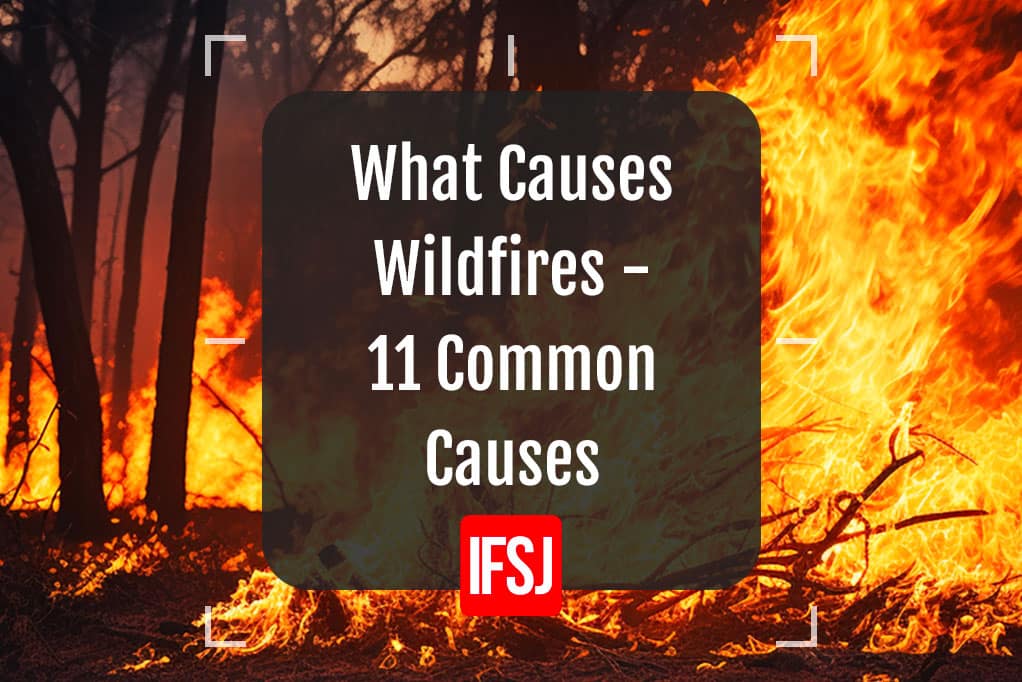 A large wildfire with the text saying What causes wildfires