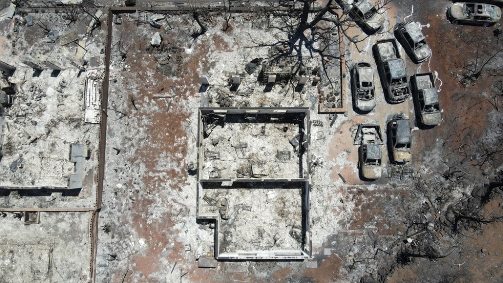 Aerial view of burnt home in Lahaina from brushfires in Hawaii