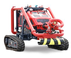 The Robot-TINO is a remote-controlled emergency response unit designed to fight or to mitigate fires and other hazardous events.