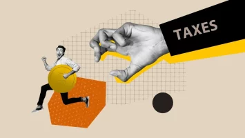 Graphic of a man running from a large hand with the word taxes on it