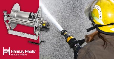 The F7100 hose reel from Hannay Reels features two swivel joint inlets and two outlet risers that allow the reel to be used for foam and dry chemicals.