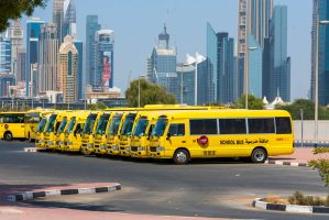 Dubai,,Uae,-,September,,2018:,Dubai,Yellow,School,Buses,Lined