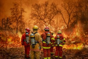 Firefighters,Team,Battle,A,Wildfire,Because,Climate,Change,And,Global