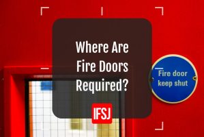A red fire door with text saying 'Where are fire doors required'